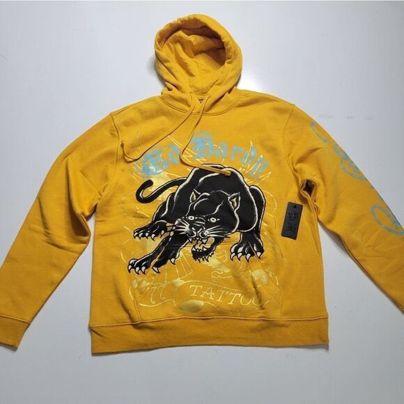 $125 NEW L ED HARDY BLACK CAT TATTOO STREETWEAR GOLD HOODIE SWEATSHIRT LARGE NWT - Picture 4 of 12